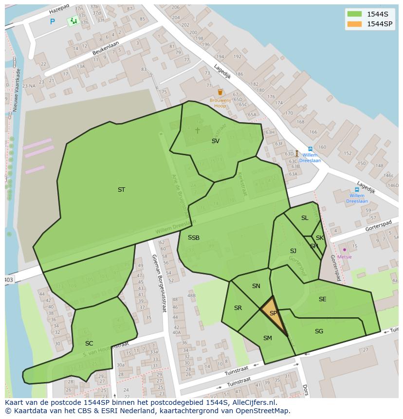 Afbeelding van het postcodegebied 1544 SP op de kaart.