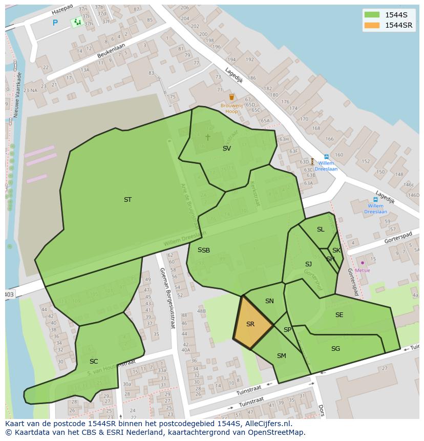 Afbeelding van het postcodegebied 1544 SR op de kaart.