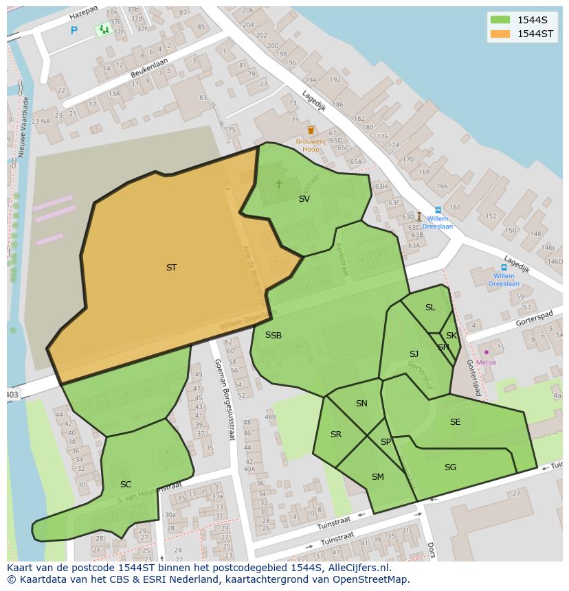 Afbeelding van het postcodegebied 1544 ST op de kaart.