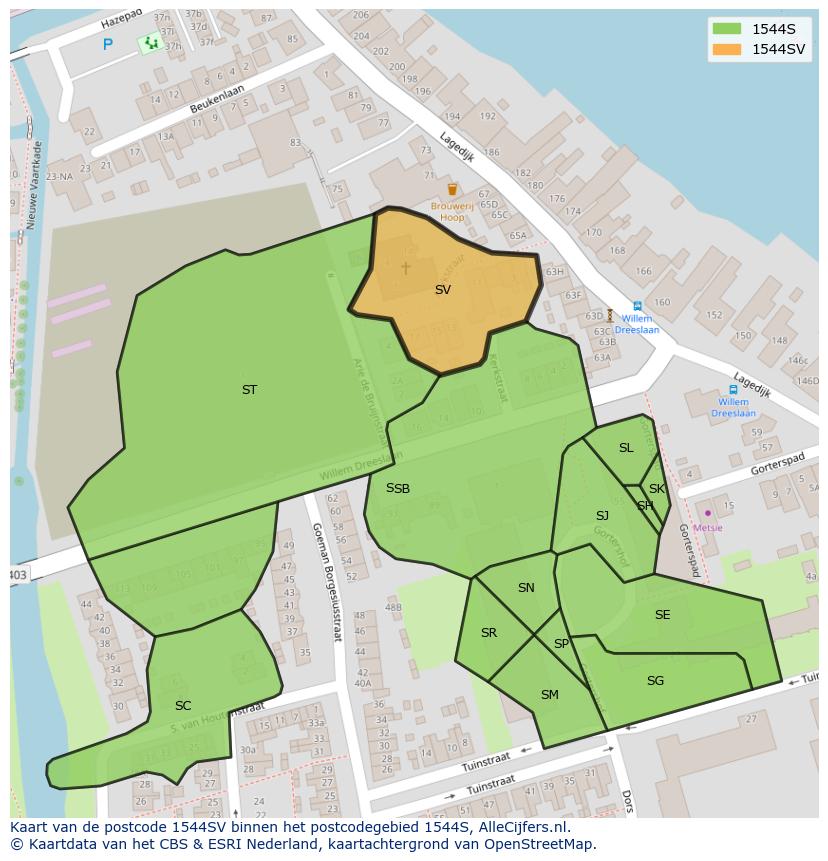 Afbeelding van het postcodegebied 1544 SV op de kaart.