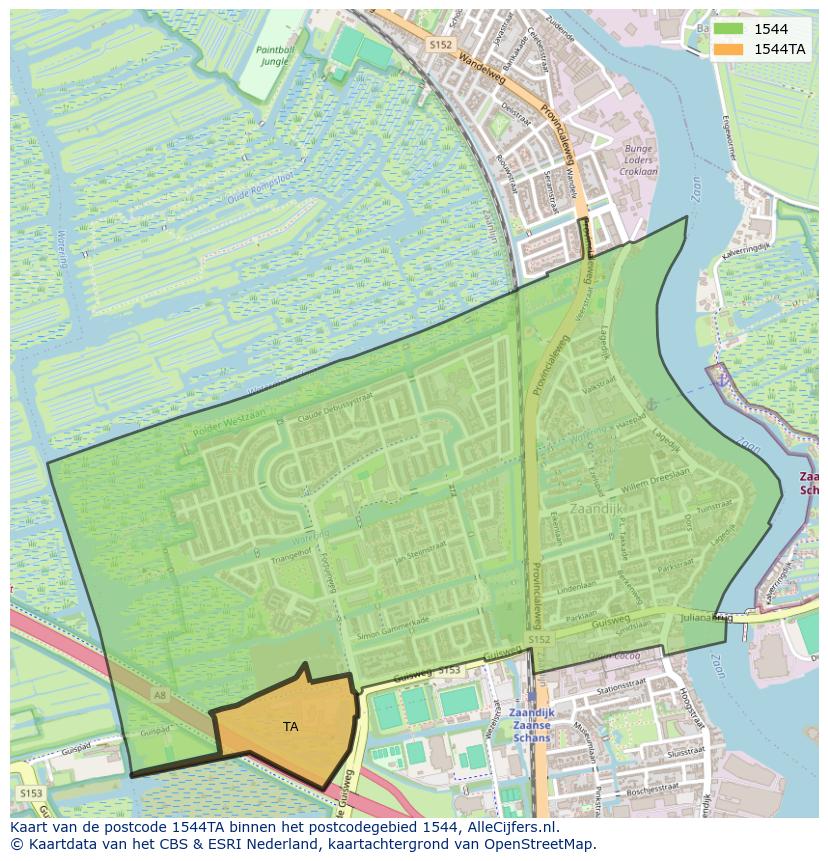 Afbeelding van het postcodegebied 1544 TA op de kaart.