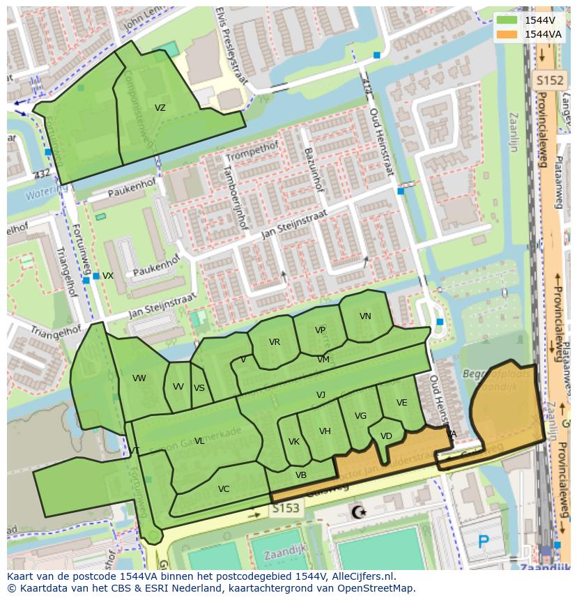 Afbeelding van het postcodegebied 1544 VA op de kaart.