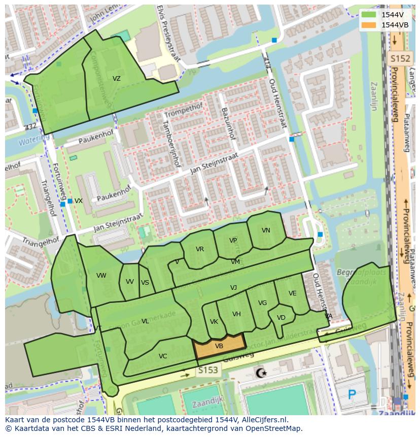 Afbeelding van het postcodegebied 1544 VB op de kaart.