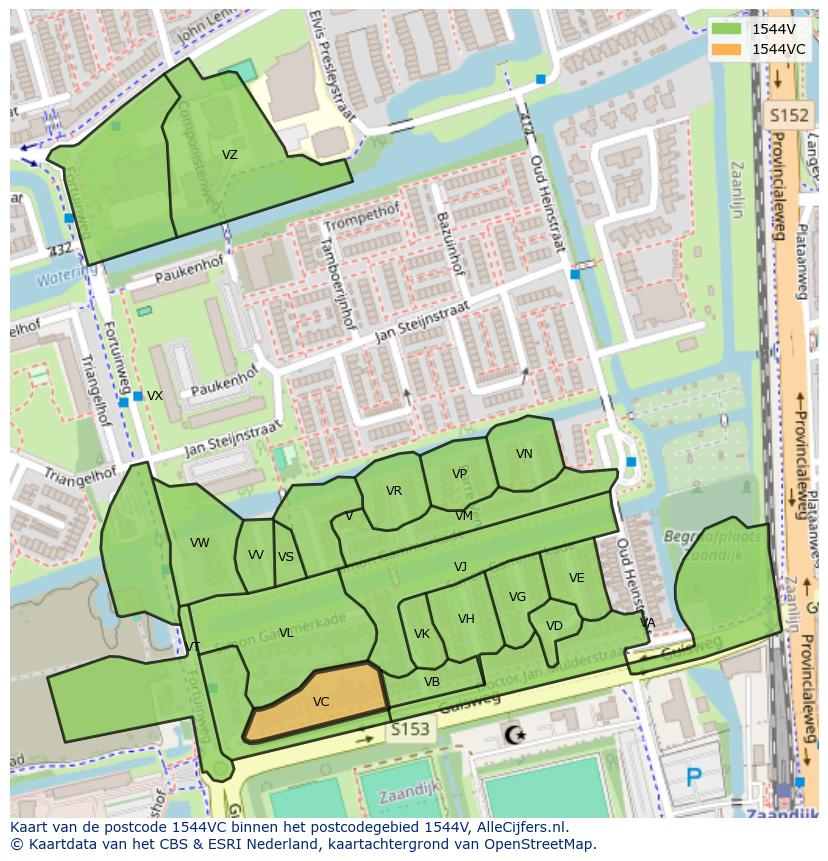 Afbeelding van het postcodegebied 1544 VC op de kaart.