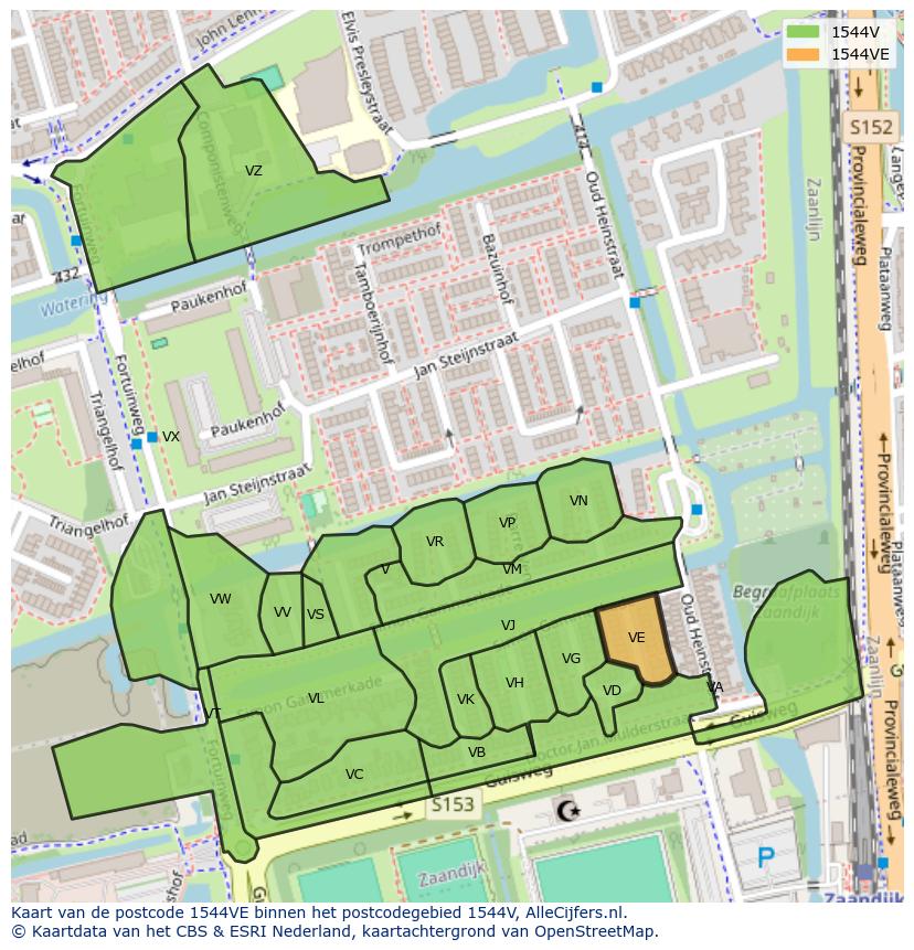 Afbeelding van het postcodegebied 1544 VE op de kaart.