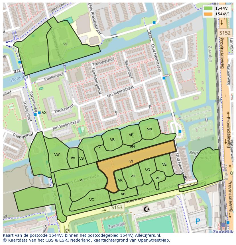 Afbeelding van het postcodegebied 1544 VJ op de kaart.