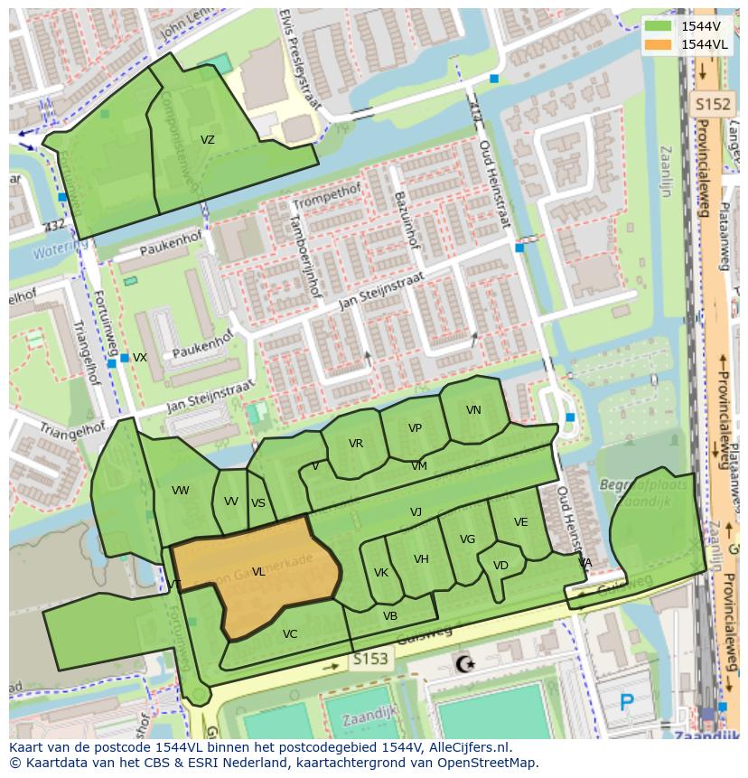 Afbeelding van het postcodegebied 1544 VL op de kaart.