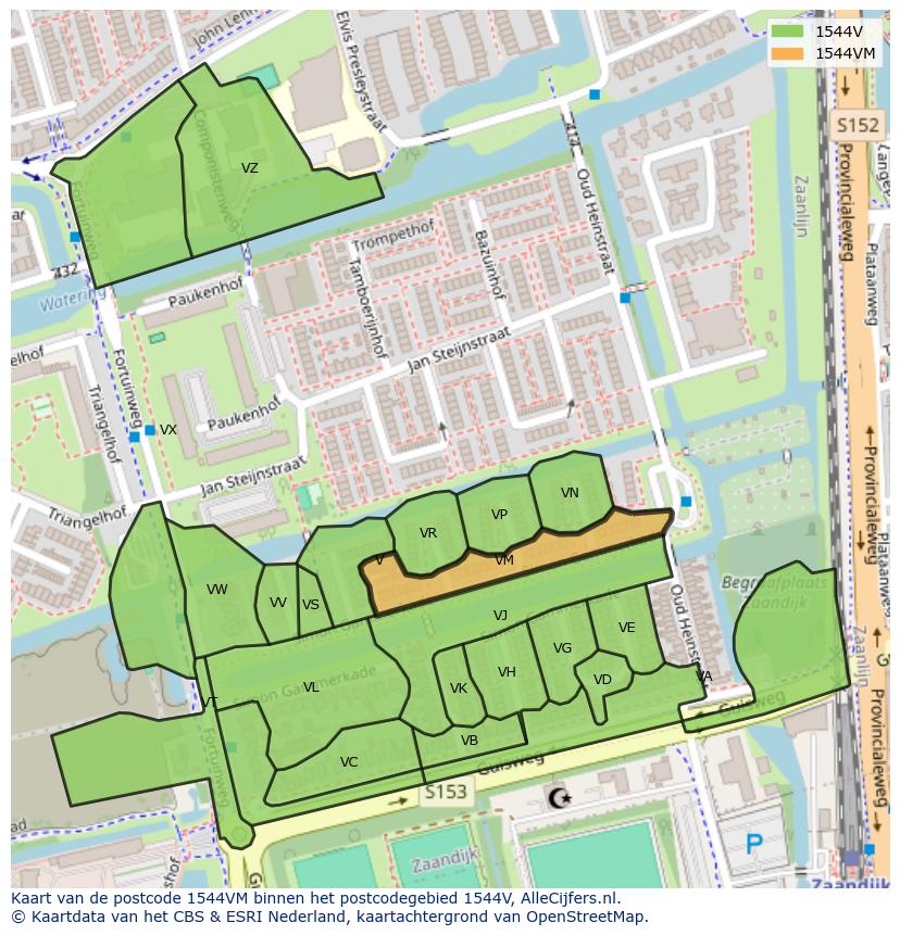 Afbeelding van het postcodegebied 1544 VM op de kaart.