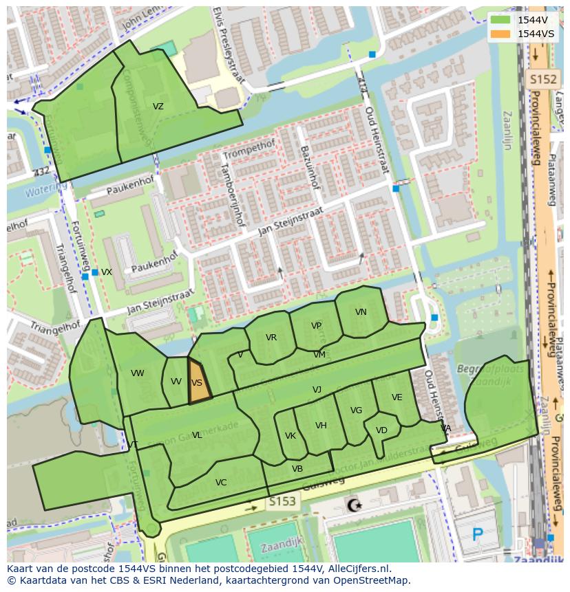 Afbeelding van het postcodegebied 1544 VS op de kaart.
