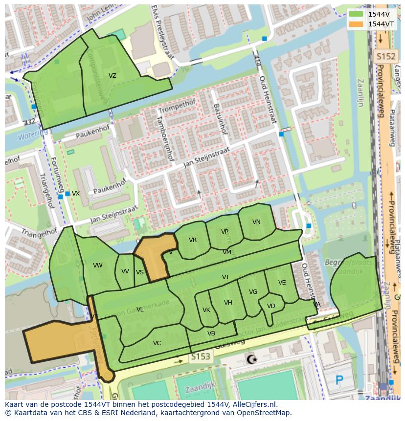 Afbeelding van het postcodegebied 1544 VT op de kaart.