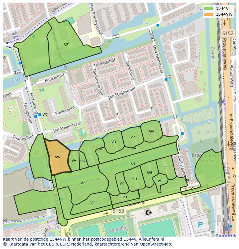 Afbeelding van het postcodegebied 1544 VW op de kaart.