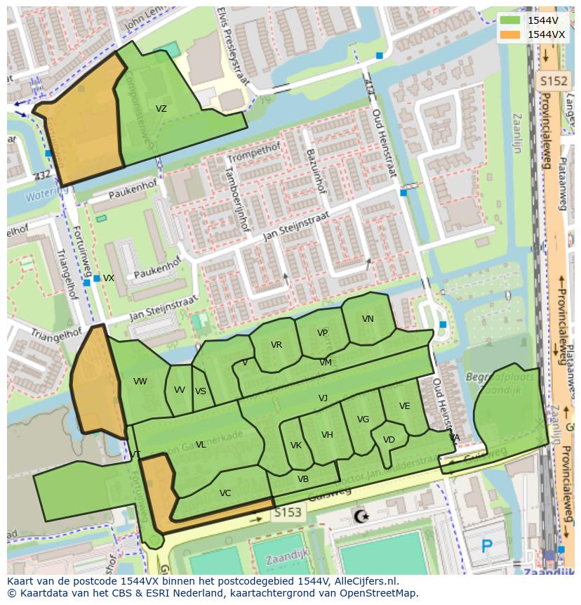Afbeelding van het postcodegebied 1544 VX op de kaart.