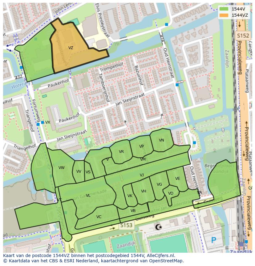 Afbeelding van het postcodegebied 1544 VZ op de kaart.