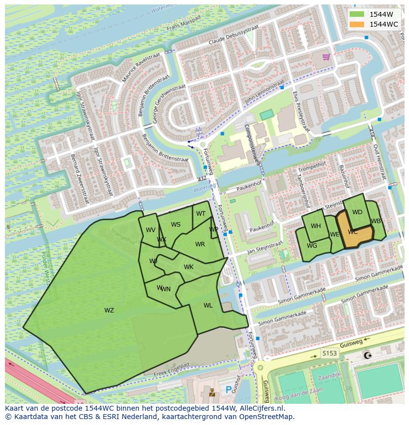 Afbeelding van het postcodegebied 1544 WC op de kaart.