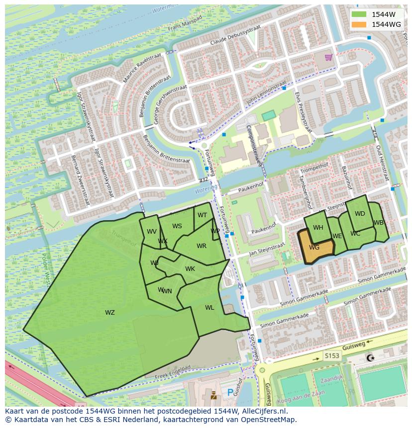 Afbeelding van het postcodegebied 1544 WG op de kaart.