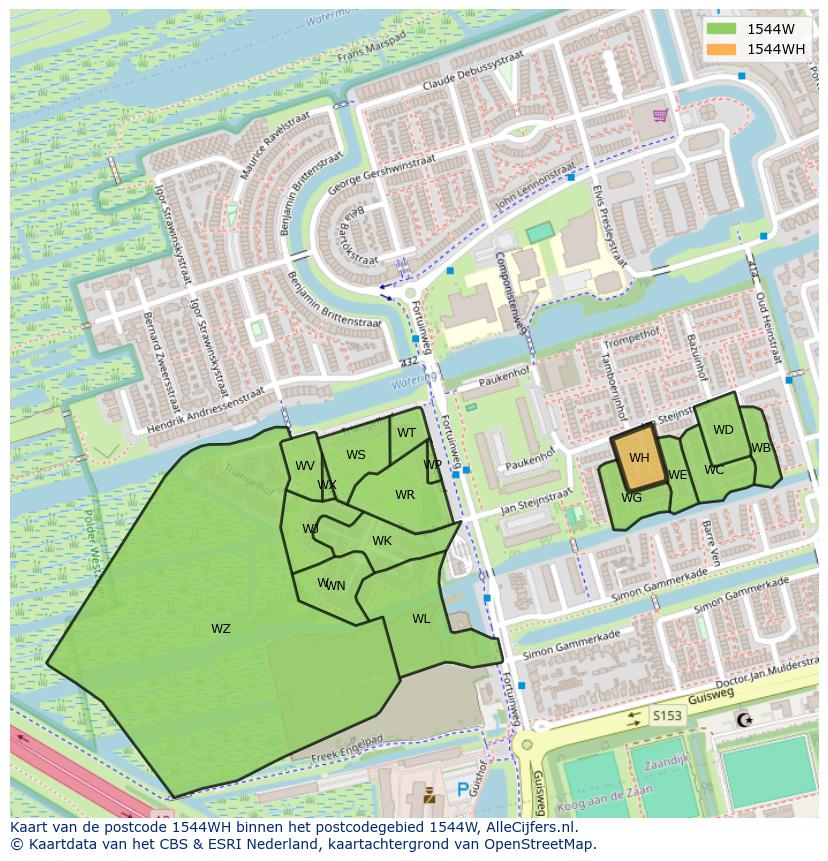 Afbeelding van het postcodegebied 1544 WH op de kaart.