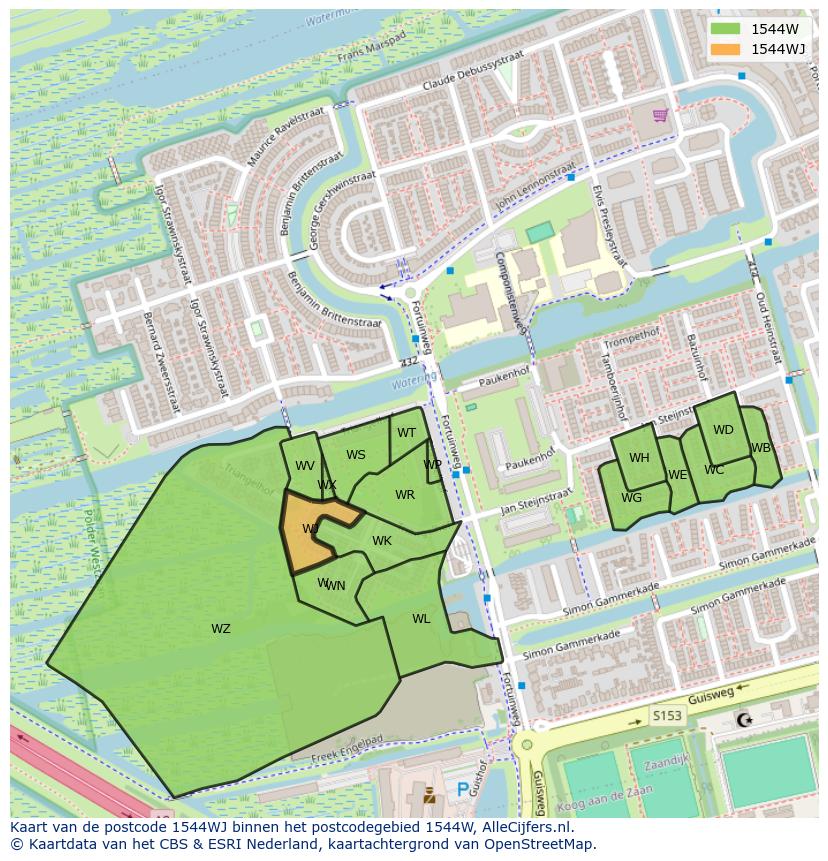 Afbeelding van het postcodegebied 1544 WJ op de kaart.