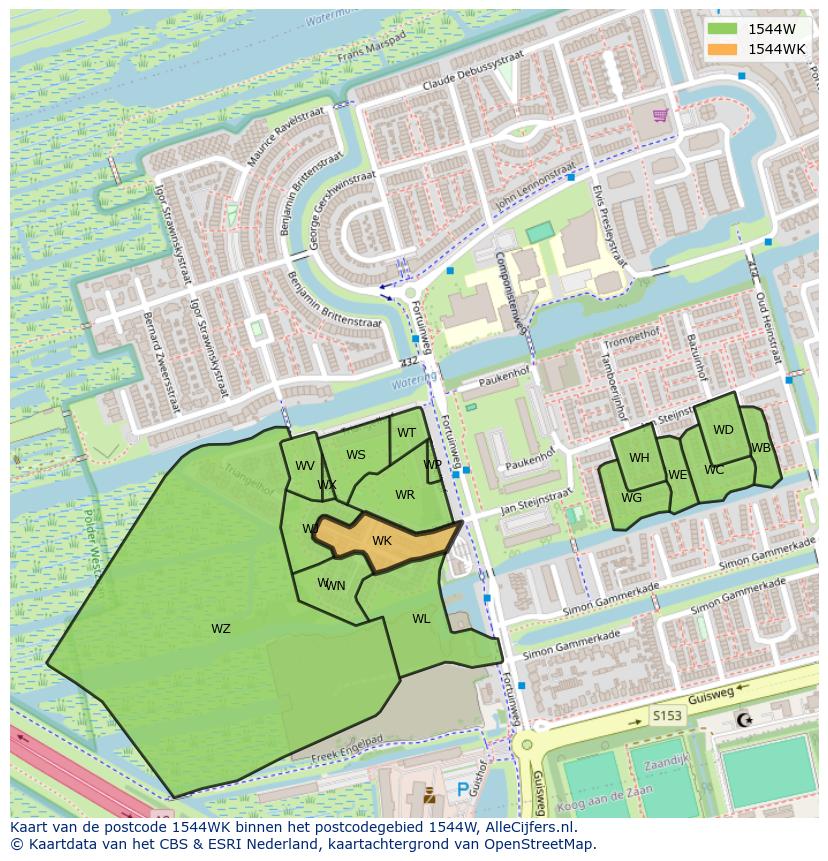 Afbeelding van het postcodegebied 1544 WK op de kaart.