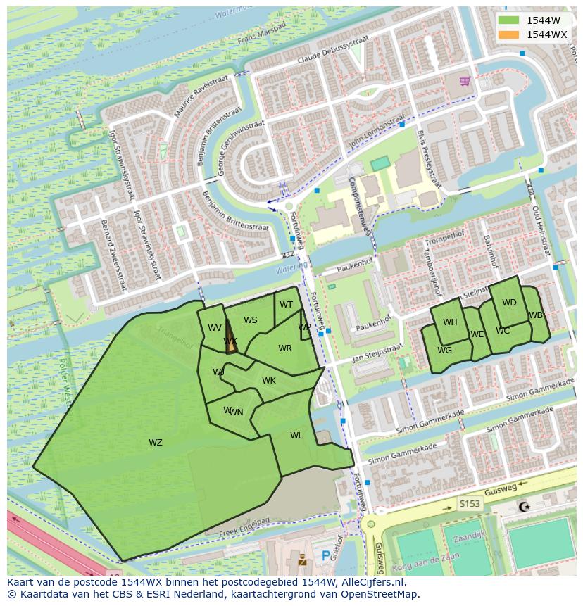 Afbeelding van het postcodegebied 1544 WX op de kaart.