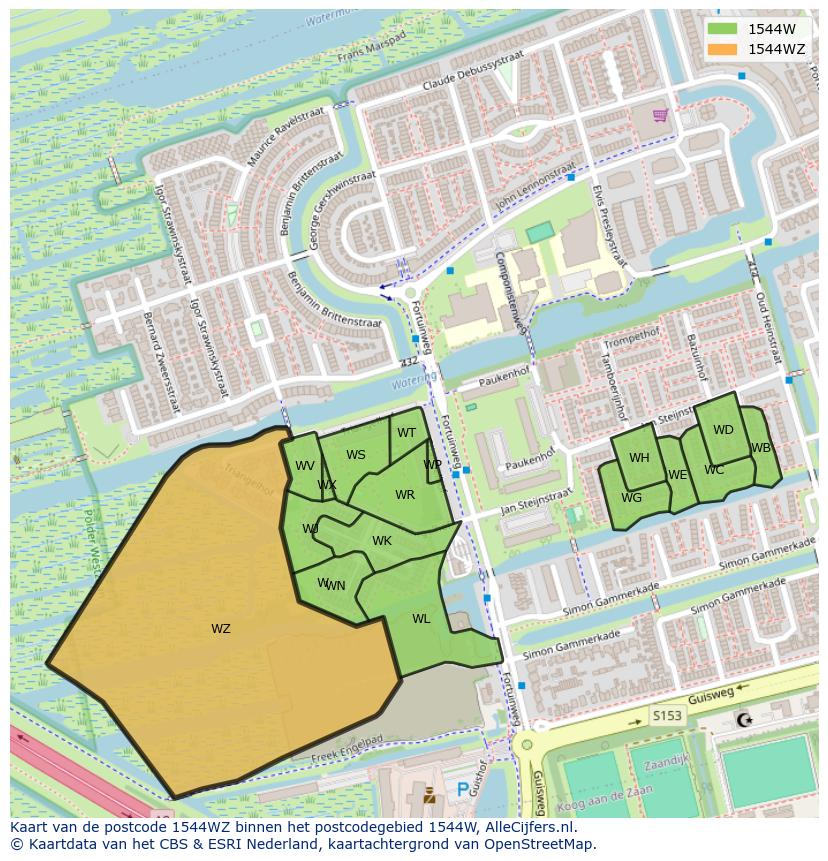 Afbeelding van het postcodegebied 1544 WZ op de kaart.