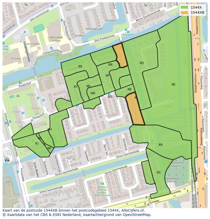 Afbeelding van het postcodegebied 1544 XB op de kaart.