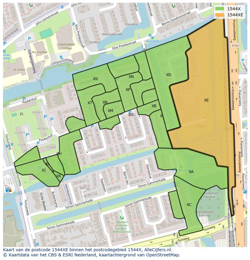 Afbeelding van het postcodegebied 1544 XE op de kaart.