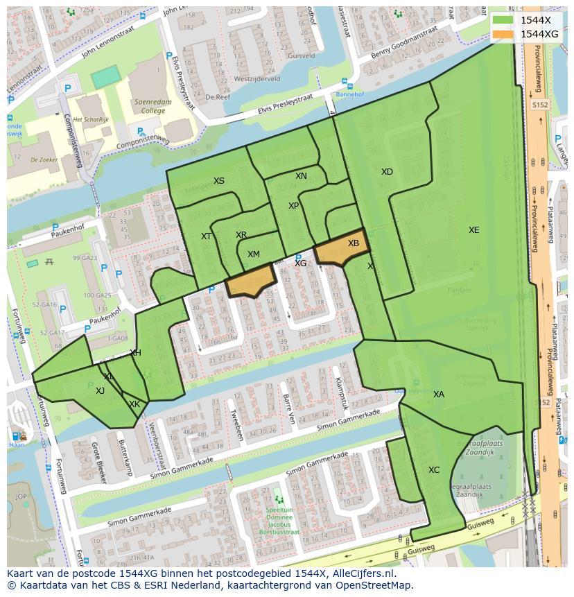 Afbeelding van het postcodegebied 1544 XG op de kaart.