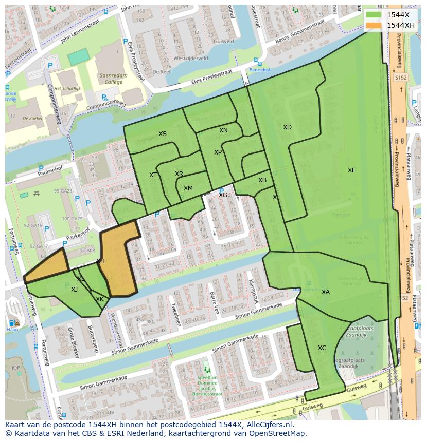 Afbeelding van het postcodegebied 1544 XH op de kaart.