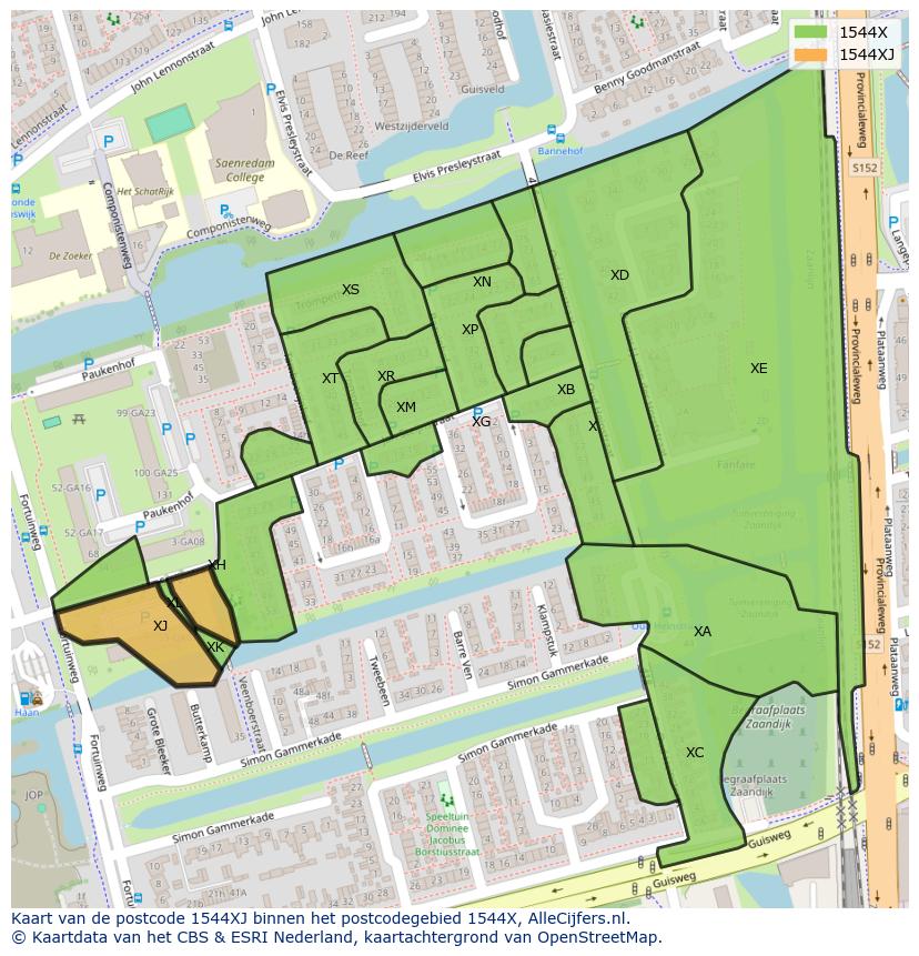 Afbeelding van het postcodegebied 1544 XJ op de kaart.