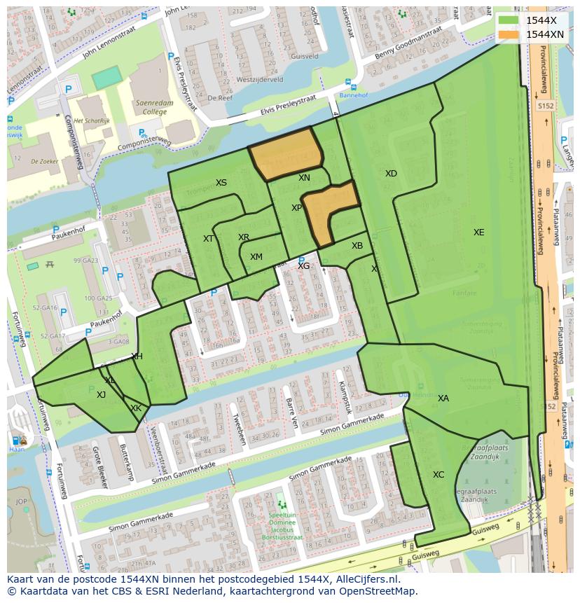 Afbeelding van het postcodegebied 1544 XN op de kaart.