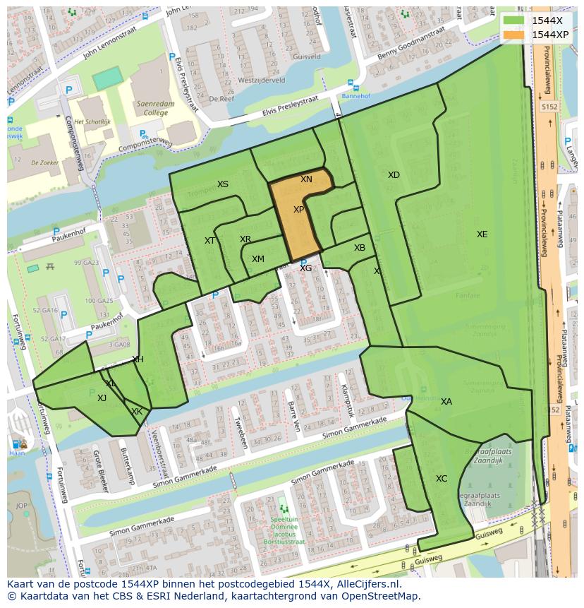 Afbeelding van het postcodegebied 1544 XP op de kaart.