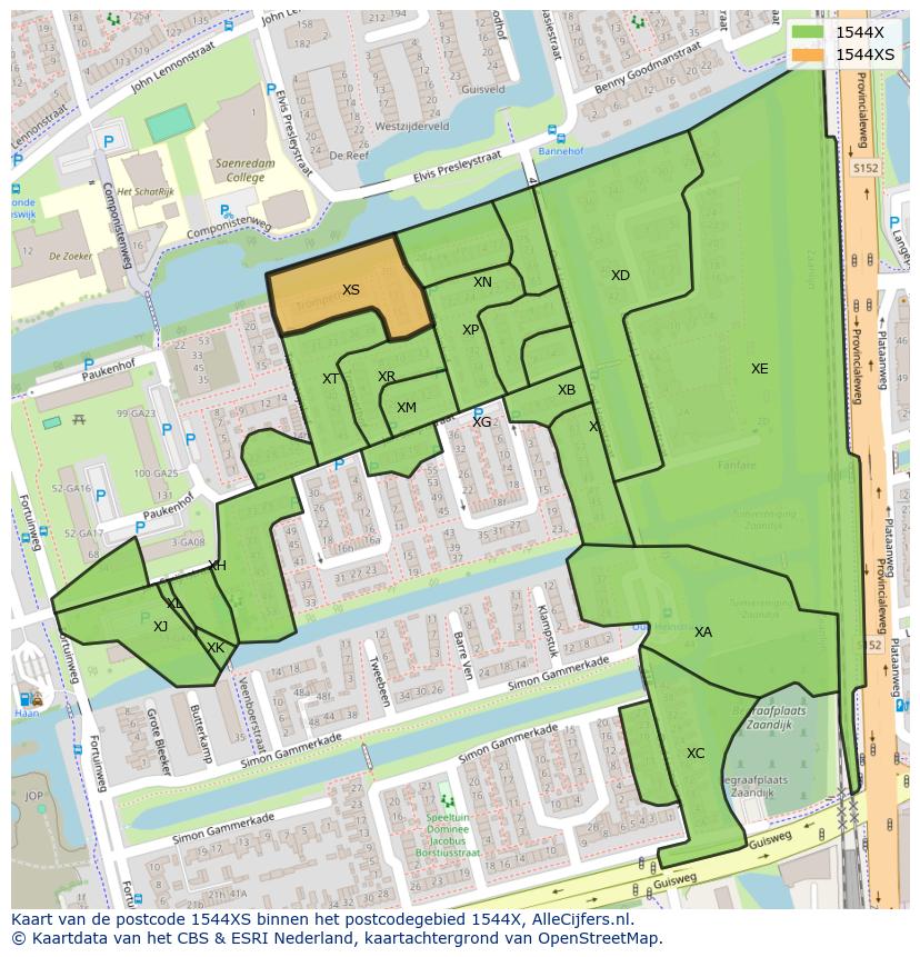 Afbeelding van het postcodegebied 1544 XS op de kaart.
