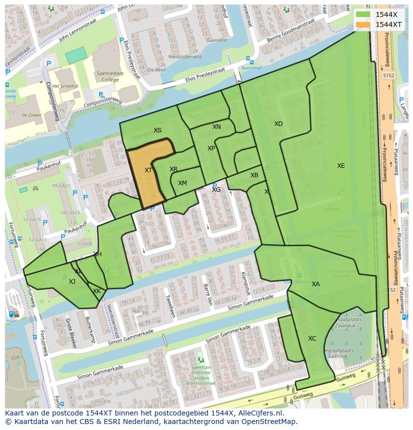 Afbeelding van het postcodegebied 1544 XT op de kaart.