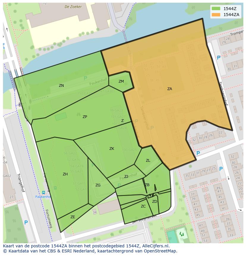 Afbeelding van het postcodegebied 1544 ZA op de kaart.