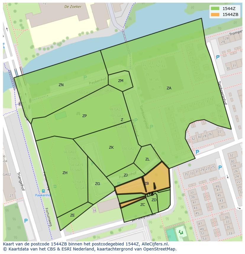 Afbeelding van het postcodegebied 1544 ZB op de kaart.