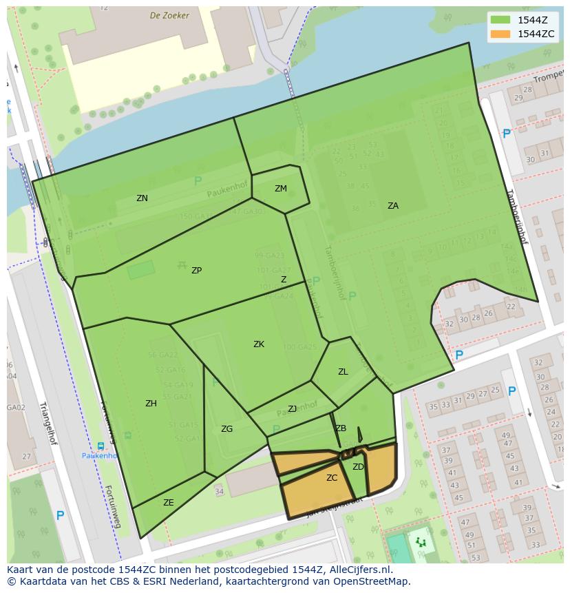 Afbeelding van het postcodegebied 1544 ZC op de kaart.