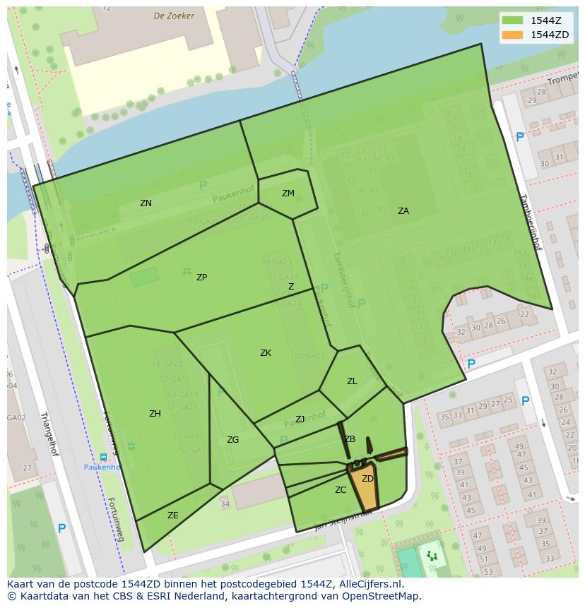 Afbeelding van het postcodegebied 1544 ZD op de kaart.