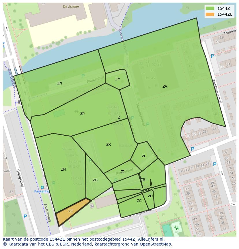 Afbeelding van het postcodegebied 1544 ZE op de kaart.