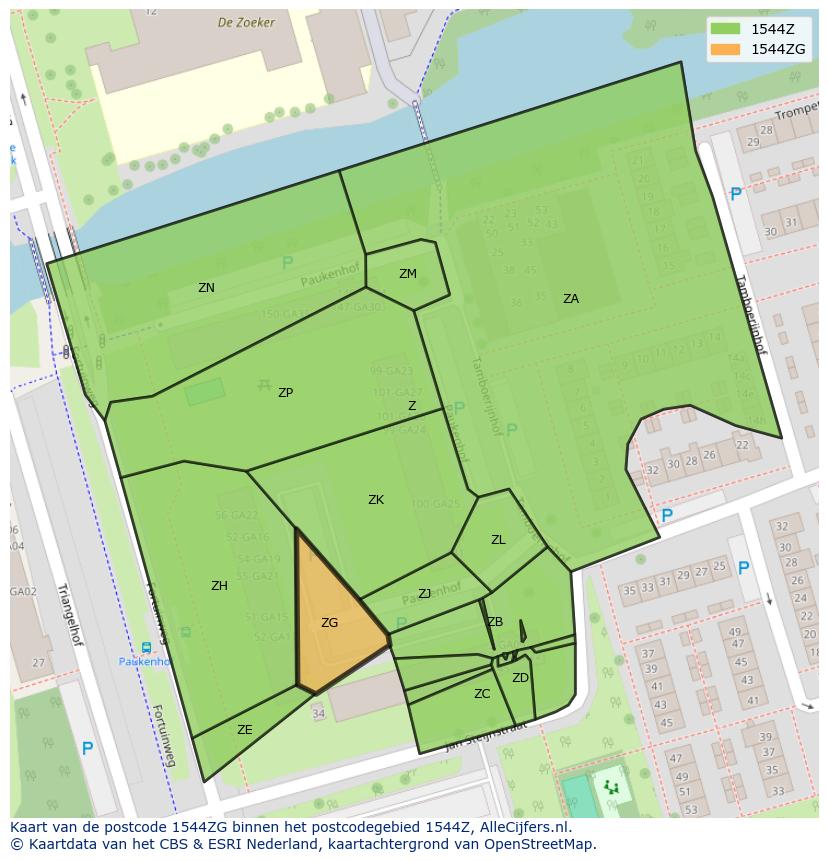 Afbeelding van het postcodegebied 1544 ZG op de kaart.