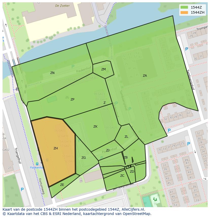 Afbeelding van het postcodegebied 1544 ZH op de kaart.
