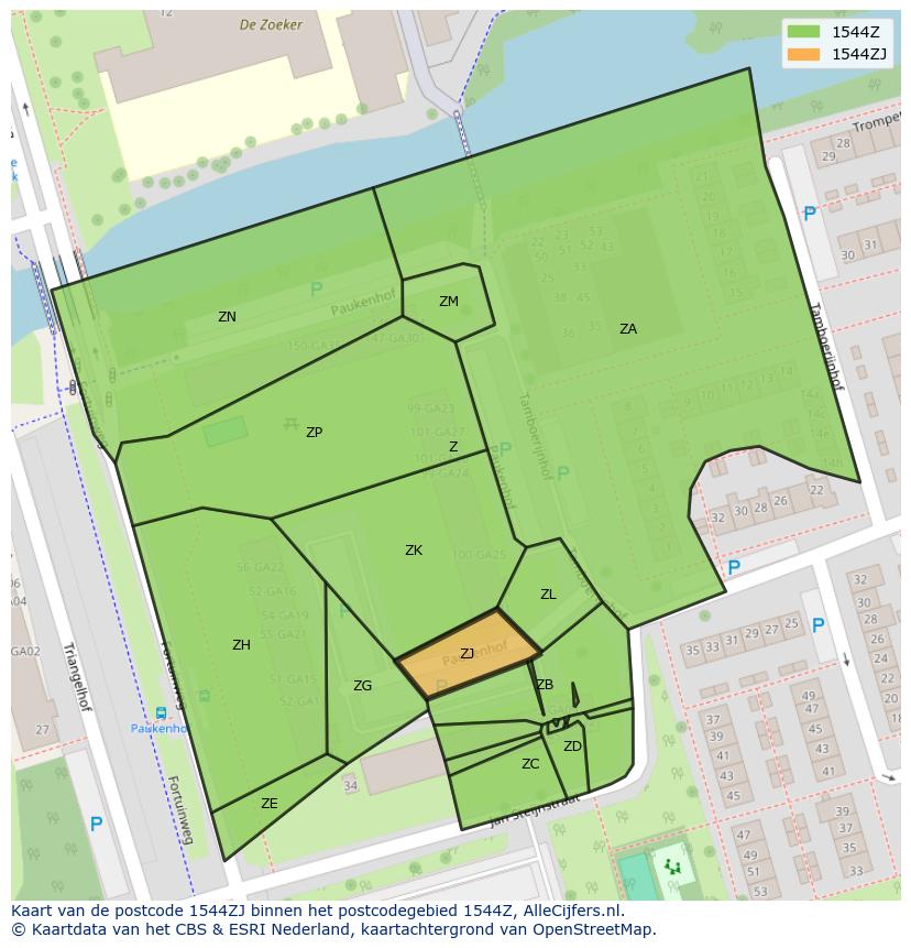 Afbeelding van het postcodegebied 1544 ZJ op de kaart.