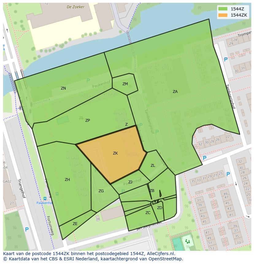 Afbeelding van het postcodegebied 1544 ZK op de kaart.