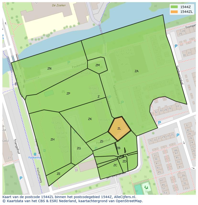 Afbeelding van het postcodegebied 1544 ZL op de kaart.