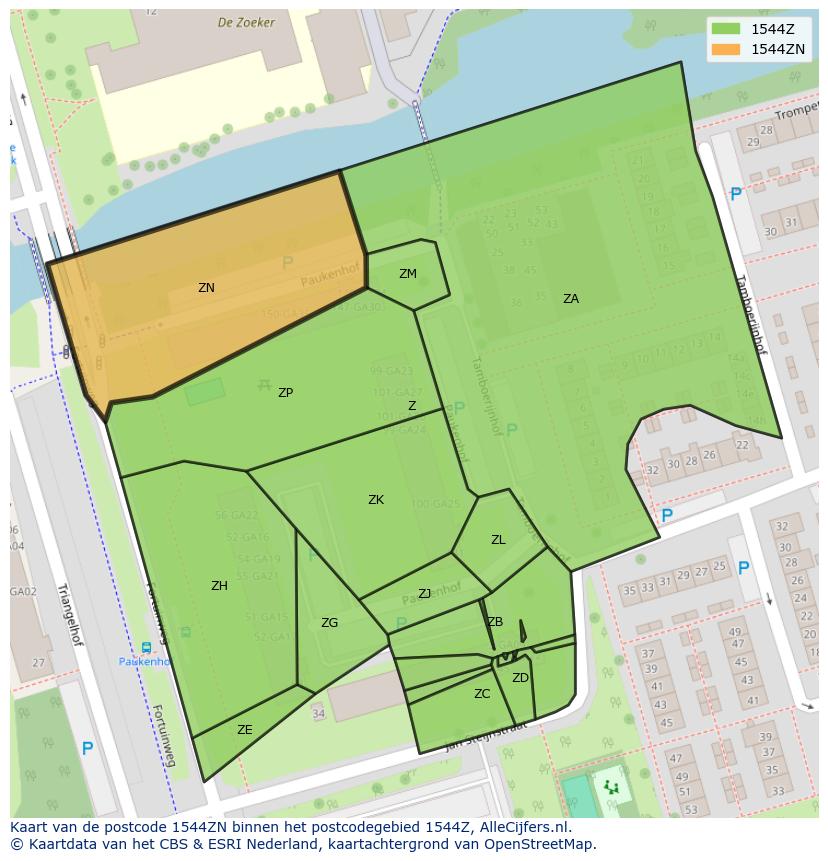 Afbeelding van het postcodegebied 1544 ZN op de kaart.