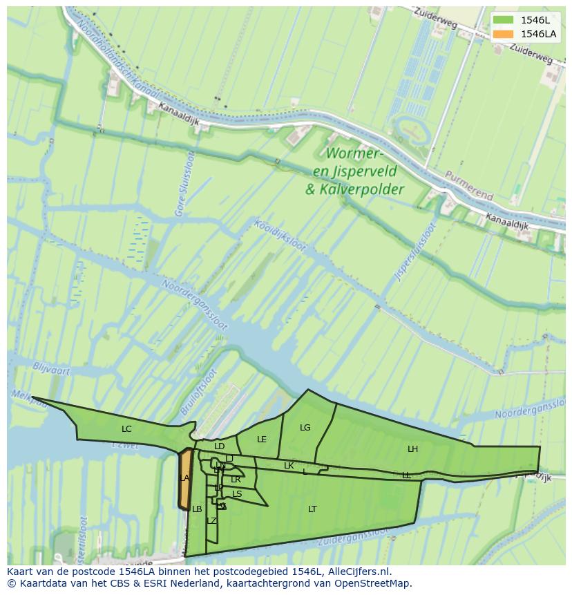 Afbeelding van het postcodegebied 1546 LA op de kaart.