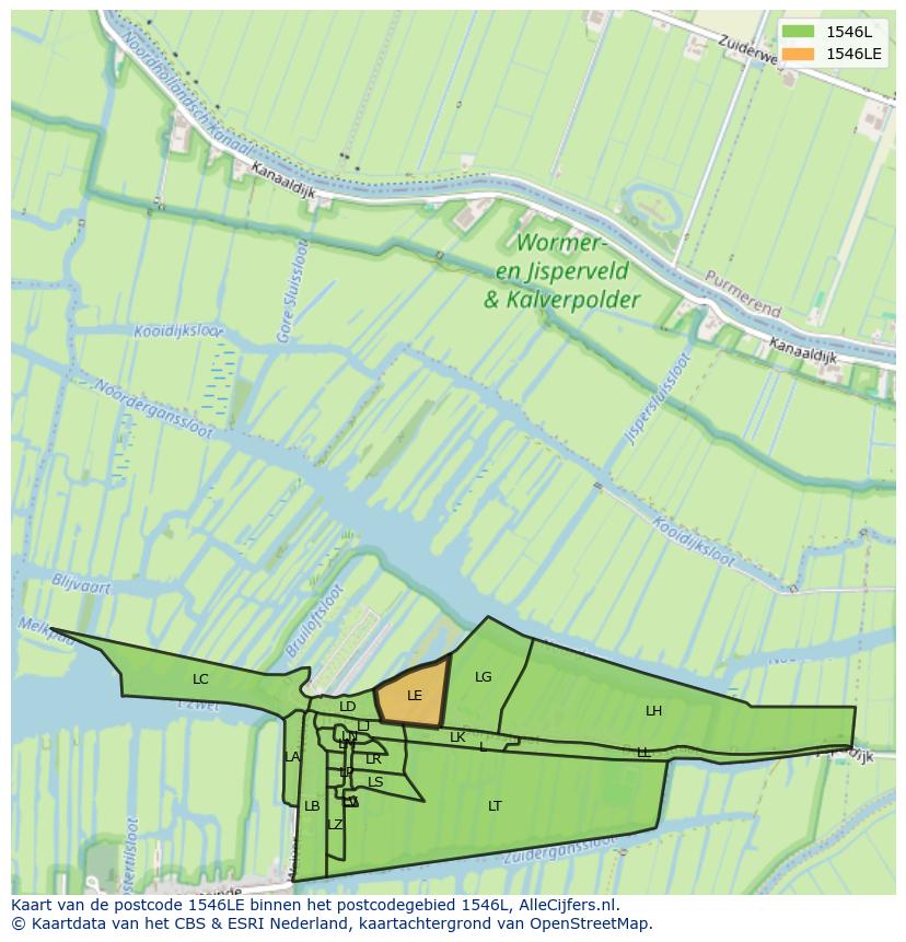 Afbeelding van het postcodegebied 1546 LE op de kaart.