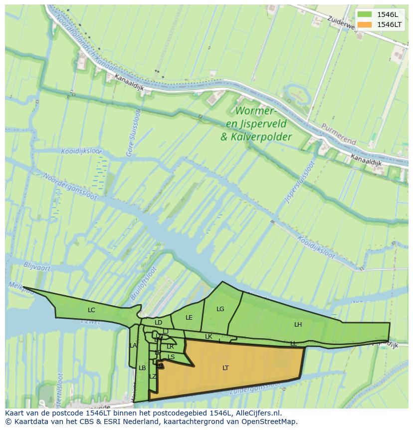 Afbeelding van het postcodegebied 1546 LT op de kaart.