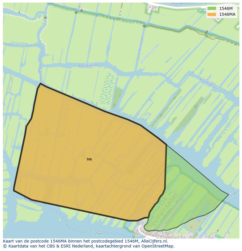Afbeelding van het postcodegebied 1546 MA op de kaart.
