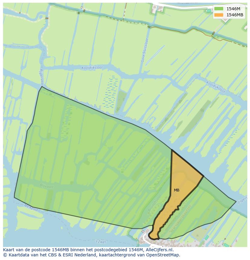 Afbeelding van het postcodegebied 1546 MB op de kaart.