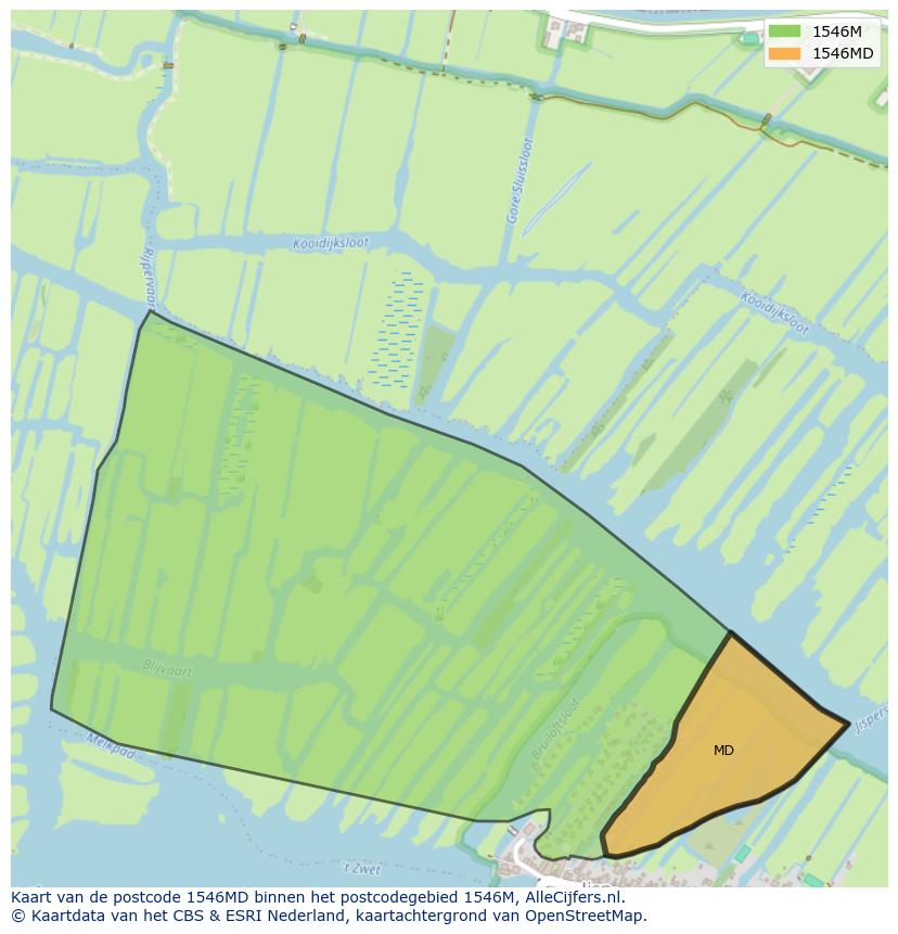 Afbeelding van het postcodegebied 1546 MD op de kaart.